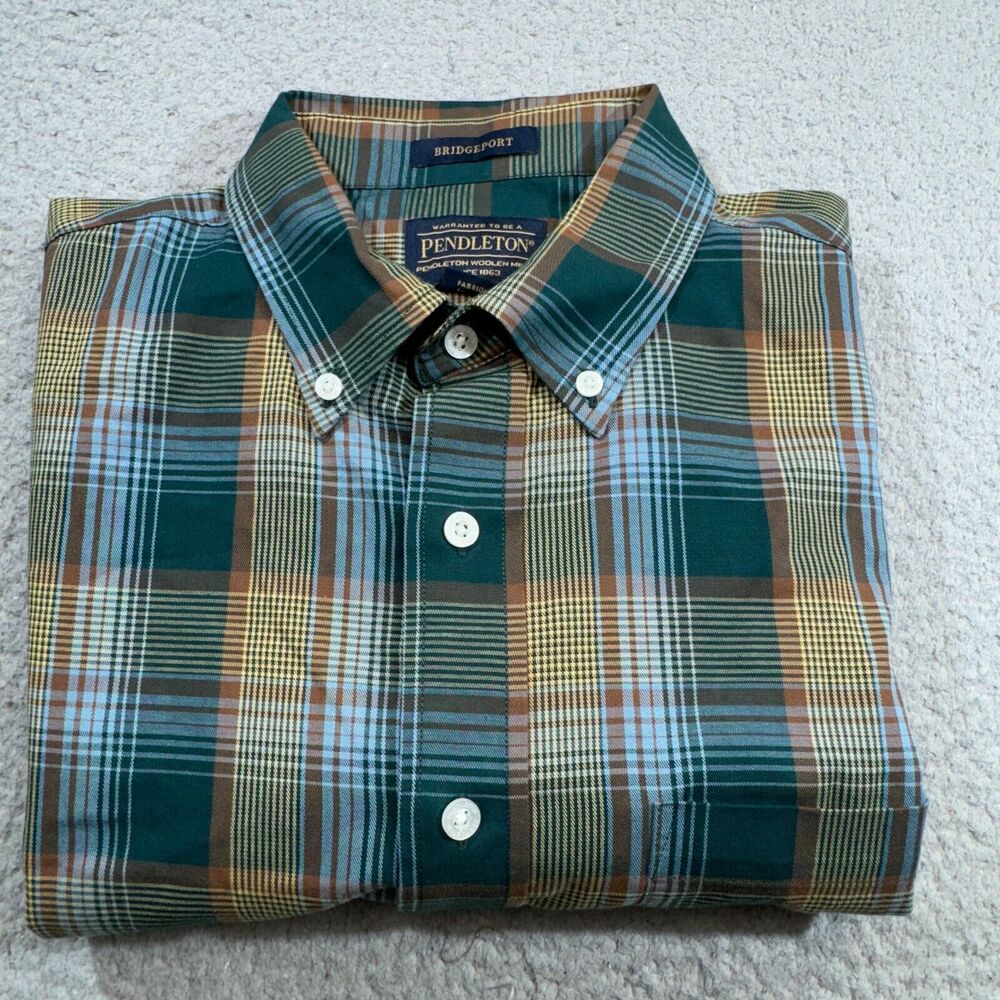 Pendleton‎ Shirt Men Large Green Plaid Pocket Bridgeport Hiking Hunting Casual